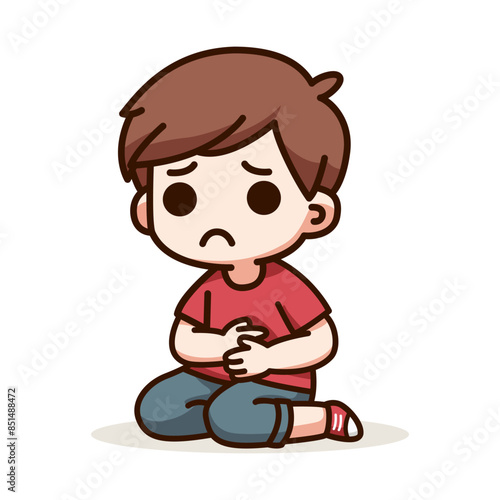 cute kid feel sick on the stomach cartoon character vector illustration template design