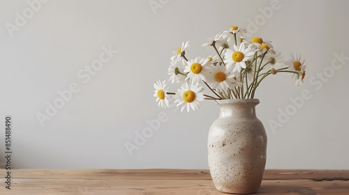 Wallpaper Mural white daisies in a ceramic vase on a wooden table against a white wall background with natural light, modern style and aesthetic with yellow and beige tones, keeping it simple. Torontodigital.ca