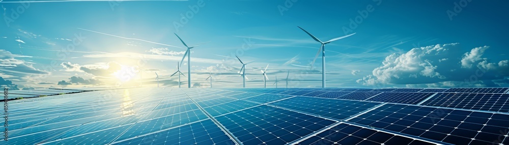 Wind turbines and solar panels in a field under a bright sky. Wind turbines and solar panels in a field under a bright sky.