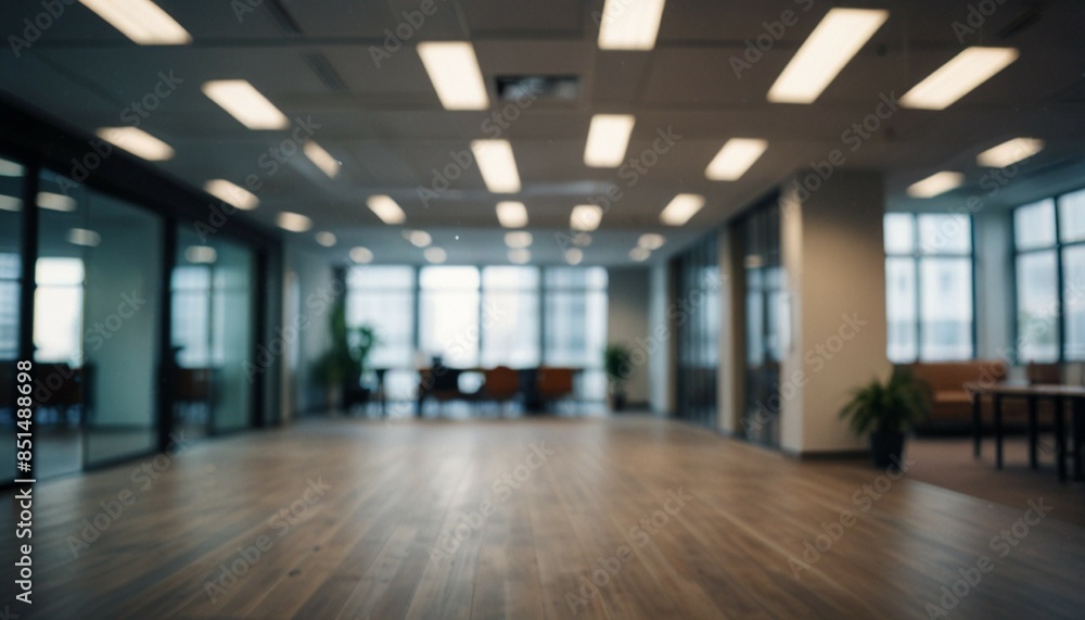 Blurred empty open space office. Abstract light bokeh at office interior background. generative ai Blurred empty open space office. Abstract light bokeh at office interior background. generative ai