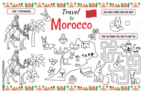 A fun placemat for kids. Printable “Travel to Morocco” activity sheet with a labyrinth and find the differences. 17x11 inch printable vector file