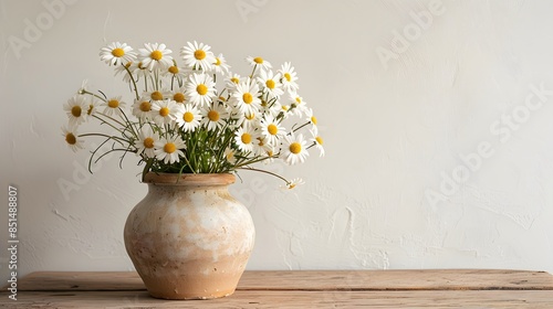 Wallpaper Mural white daisies in a ceramic vase on a wooden table against a white wall background with natural light, modern style and aesthetic with yellow and beige tones, keeping it simple. Torontodigital.ca