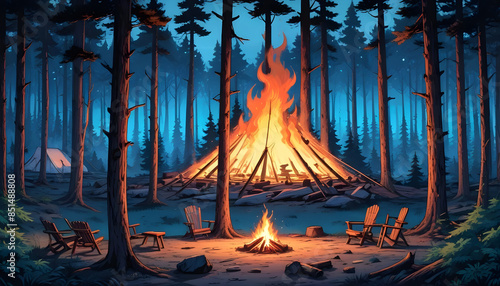 Camping tent in forest campfire by a chairs and a tent 4 photo