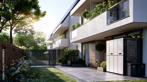 An energy storage system on the side wall of a modern home with solar panels above, featuring a white and grey color scheme, set in daylight. © horizon