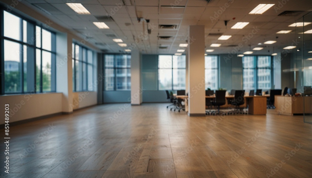 Blurred empty open space office. Abstract light bokeh at office interior background. generative ai Blurred empty open space office. Abstract light bokeh at office interior background. generative ai