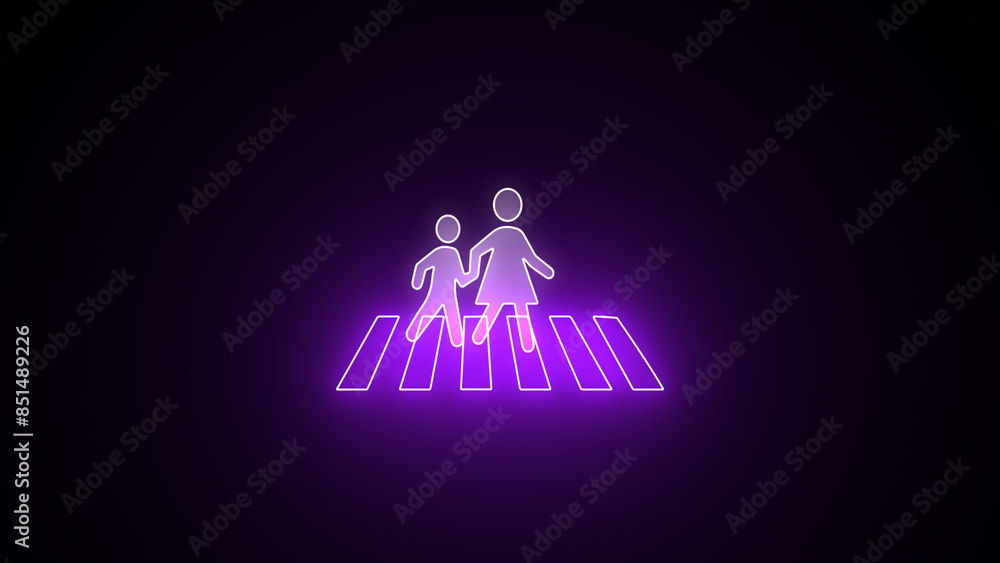 Glowing Pedestrian sign and traffic road sign illustration. Neon woman with a child going on a pedestrian crossing. neon road crossing icon on the black background. Glowing Pedestrian sign and traffic road sign illustration. Neon woman with a child going on a pedestrian crossing. neon road crossing icon on the black background.