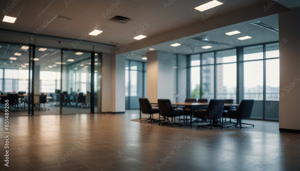 Blurred empty open space office. Abstract light bokeh at office interior background. generative ai Blurred empty open space office. Abstract light bokeh at office interior background. generative ai