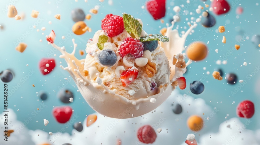 A whimsical and surreal concept featuring a scoop of ice cream floating in mid-air with colorful toppings, creating a playful and imaginative scene A whimsical and surreal concept featuring a scoop of ice cream floating in mid-air with colorful toppings, creating a playful and imaginative scene