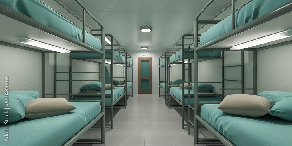 A secure prison ward with bunk beds in a clean, modern interior. A secure prison ward with bunk beds in a clean, modern interior.