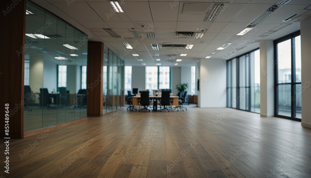 Blurred empty open space office. Abstract light bokeh at office interior background. generative ai Blurred empty open space office. Abstract light bokeh at office interior background. generative ai