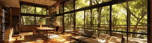 modern treehouse living room with a wood table and chairs, illuminated by a white lamp, featuring a large window and wood floor © Boraryn