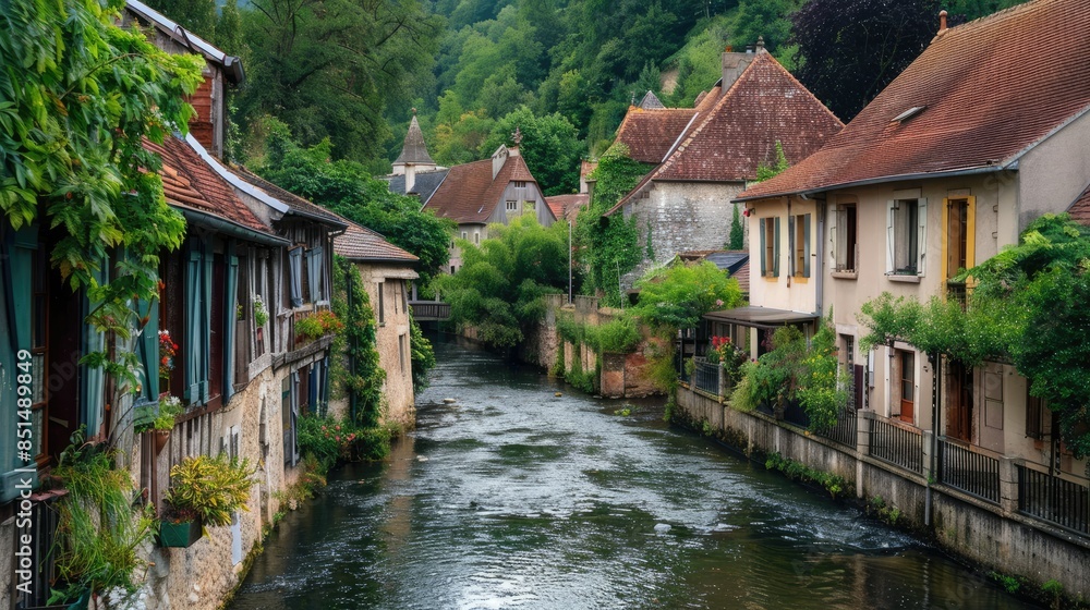 serene river flowing through a picturesque village in the countryside AI generated serene river flowing through a picturesque village in the countryside AI generated
