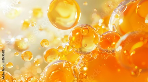 3D depiction of collagen and vitamin C molecules in a skincare serum, with a bright, clean backdrop.