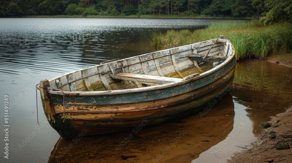 A weathered wooden rowboat resting on the shore of a serene brown lake. A weathered wooden rowboat resting on the shore of a serene brown lake.