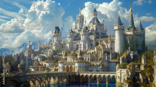 majestic castle in a fantasy world, with grand halls and enchanted towers. AI generated
