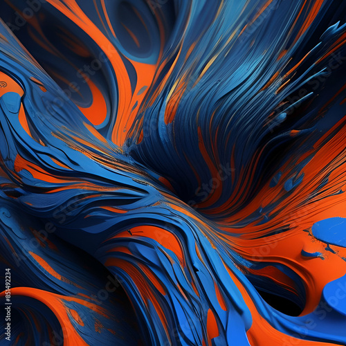Spectacular image of blue and orange liquid ink churning together, with a realistic texture and great quality. Digital art 3D illustration photo