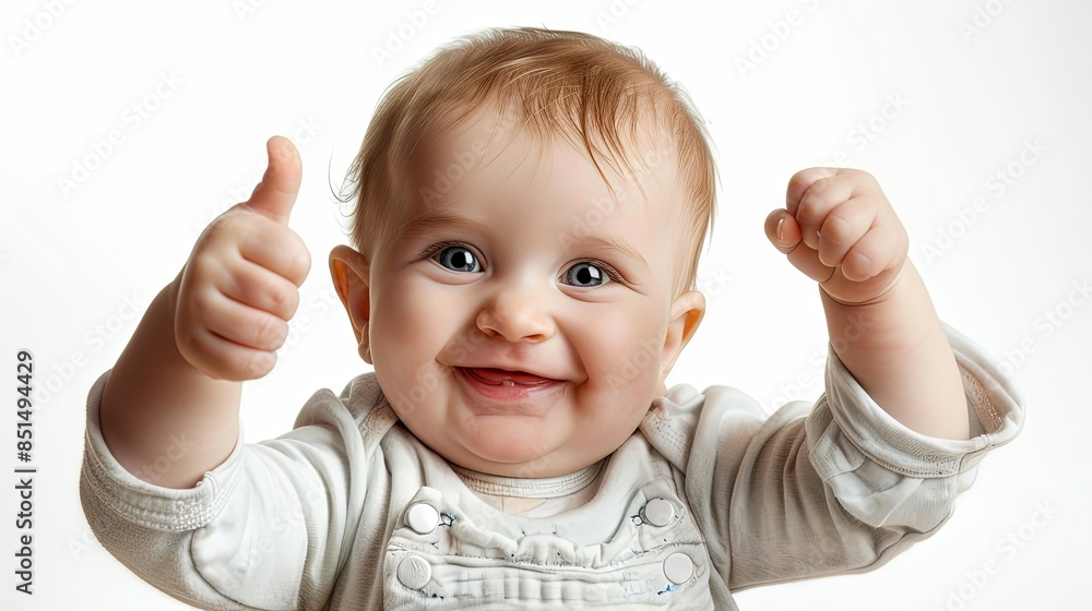 Playful infant showing a thumbs up with little fists and a bright smile on a light background Playful infant showing a thumbs up with little fists and a bright smile on a light background