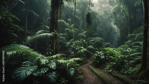 Tropical rainforest foliage landscape background, forest rainy season and wild plants with trees