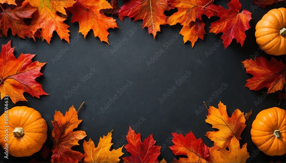 Autumn design featuring orange, red, and yellow maple and oak leaves alongside pumpkins on a dark backdrop. Autumn design featuring orange, red, and yellow maple and oak leaves alongside pumpkins on a dark backdrop.