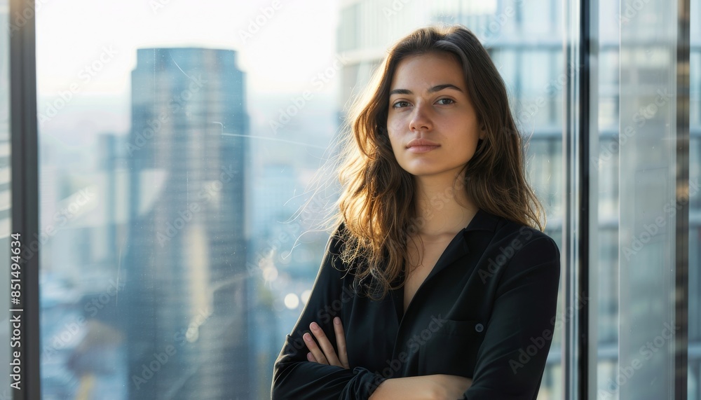 A smiling businesswoman in a suit standing confidently in an office A smiling businesswoman in a suit standing confidently in an office