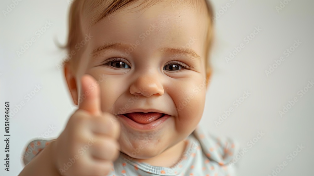 A cheerful infant in a striped outfit gives the thumbs up, demonstrating joy and positivity on a light backdrop A cheerful infant in a striped outfit gives the thumbs up, demonstrating joy and positivity on a light backdrop