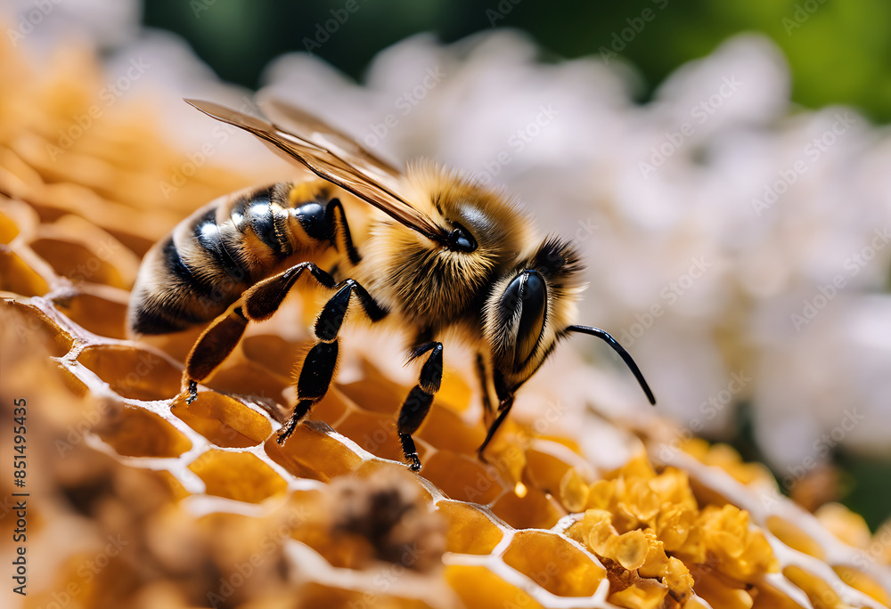 Close-up of a honeybee on a honeycomb, collecting nectar. The background is blurred with green and white colors, highlighting the bee and the honeycomb. National Honey Month. Close-up of a honeybee on a honeycomb, collecting nectar. The background is blurred with green and white colors, highlighting the bee and the honeycomb. National Honey Month.