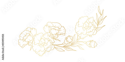 Golden carnation flowers line art isolated on white background. Luxury floral design elements for invitation, wedding, wallpaper, print template, vector illustration