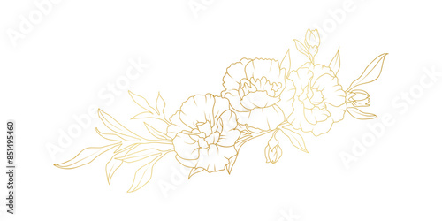 Golden carnation flowers line art isolated on white background. Luxury floral design elements for invitation, wedding, wallpaper, print template, vector illustration