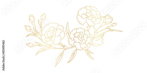 Golden carnation flowers line art isolated on white background. Luxury floral design elements for invitation, wedding, wallpaper, print template, vector illustration
