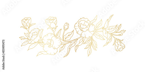 Golden carnation flowers line art isolated on white background. Luxury floral design elements for invitation, wedding, wallpaper, print template, vector illustration