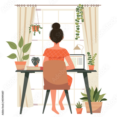 Person sitting at computer desk. Woman with correct back posture on chair, working at desktop, table. Girl at good workplace.