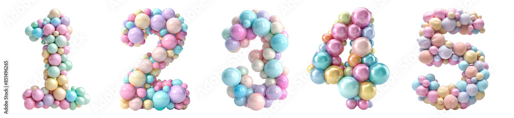 Fototapeta premium Pastel Balloon Numbers 1 to 5 Fun Party Decoration transparent background