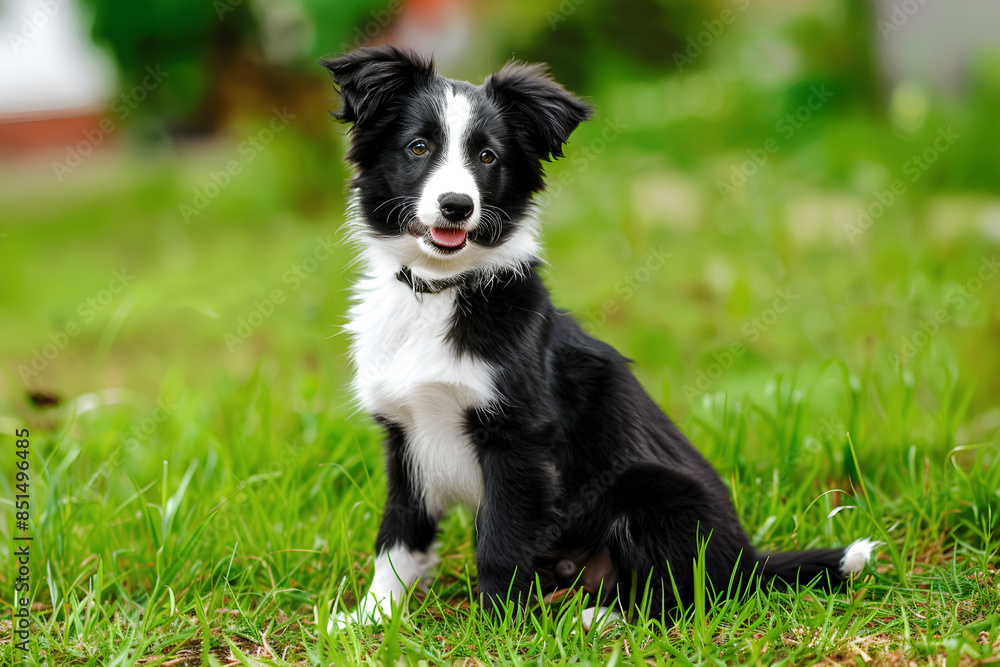 Cute black white border collie puppy sitting in the summer park on a sunny day. Veterinary, pet store, pet training concept. Copy space. Cute black white border collie puppy sitting in the summer park on a sunny day. Veterinary, pet store, pet training concept. Copy space.