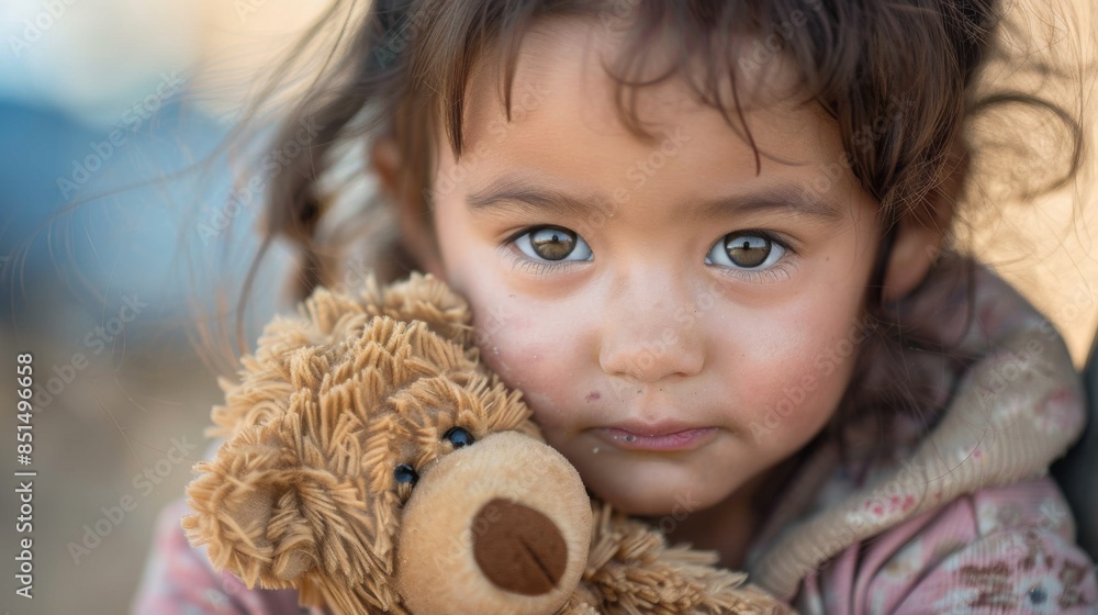 CloseUp Portrait of a Refugee Child Clutching a Teddy Bear CloseUp Portrait of a Refugee Child Clutching a Teddy Bear