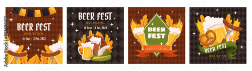Beer festival square social media post collection template. Design with glass of beer, wheat and leaves, banner ribbon and other festive objects on dark rhombus background