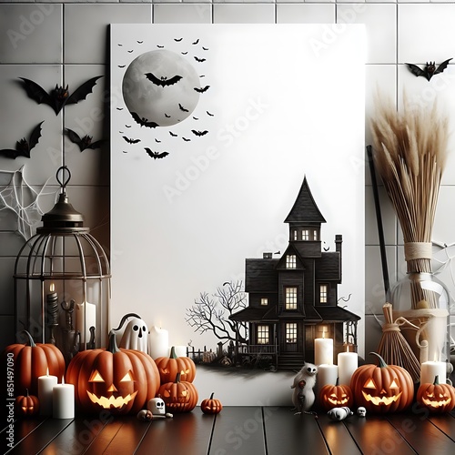 A poster with pumpkins and candles on a table informative engaging creative Vibrant. photo