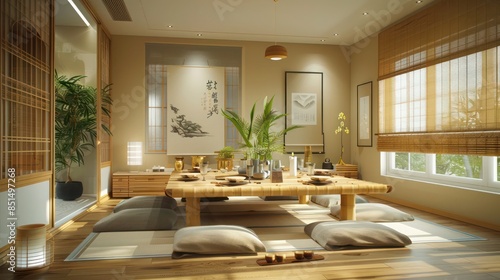 Wallpaper Mural modern Asian-inspired dining room with bamboo accents, a low table, and floor cushions for a traditional tatami seating arrangement Torontodigital.ca