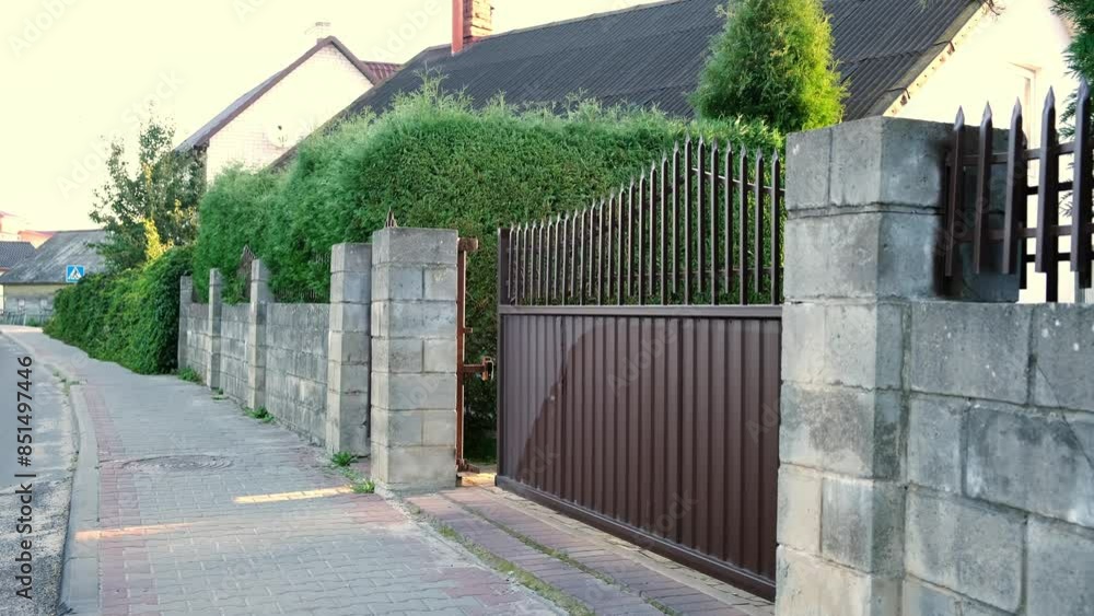 Opening of automatic entrance gate of brown color made of metal. Block fence. Entrance group for cars in the private house. Remote control. Smart home system Opening of automatic entrance gate of brown color made of metal. Block fence. Entrance group for cars in the private house. Remote control. Smart home system