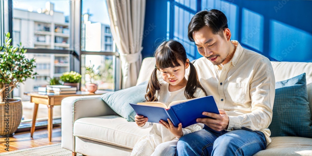 Japanese dad and little daughter read a book together. Japanese dad and little daughter read a book together.