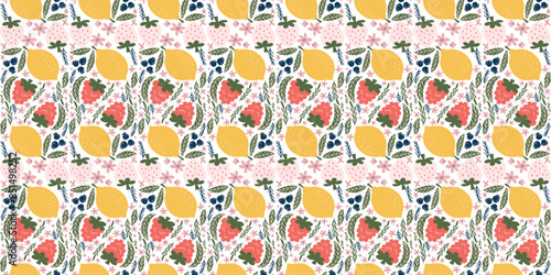 Cheerful seamless pattern featuring illustrations of white strawberries, raspberries, lemons, blackberries, pink flowers, and green leaves, arranged in a playful and modern design.