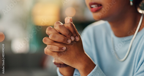 Home, worship and hands of woman with praying for spiritual healing, faith and in God. Jesus, love and Christian person with prayer for religious guide, forgiveness and confession to Holy Spirit