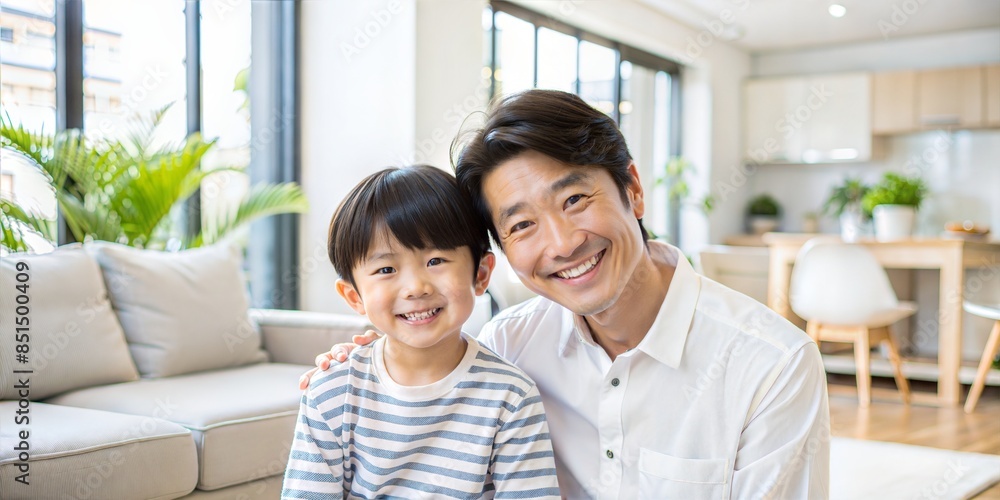 Japanese dad and little son smile mutually. Japanese dad and little son smile mutually.
