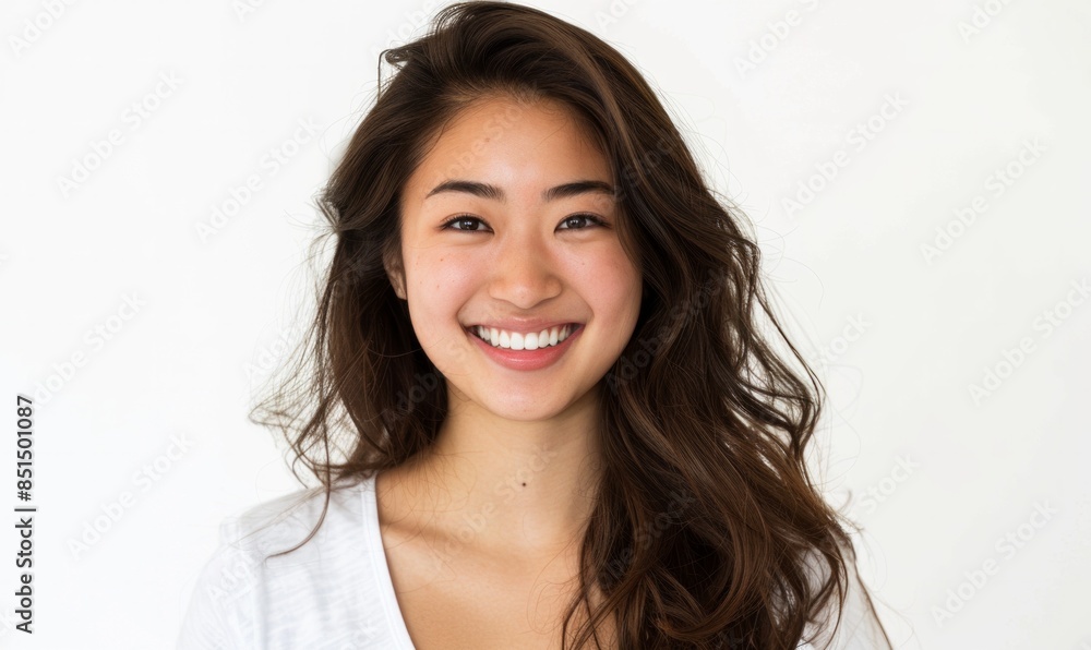 Portrait of a young Asian woman smiling against a white background. Ideal for lifestyle, beauty, and diversity-themed projects Portrait of a young Asian woman smiling against a white background. Ideal for lifestyle, beauty, and diversity-themed projects