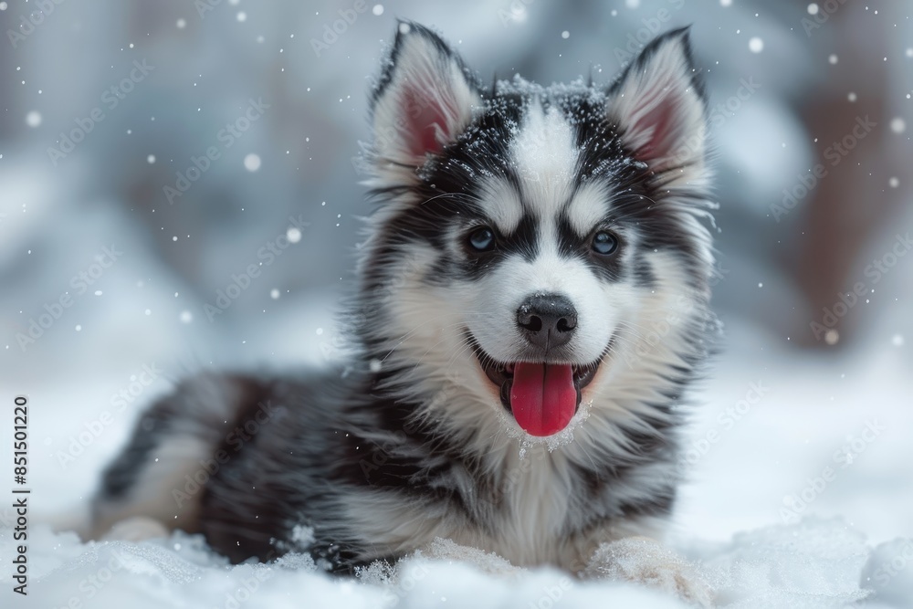 A fluffy husky puppy playing in the snow, with its tongue out and a playful expression. The background shows snow-covered trees A fluffy husky puppy playing in the snow, with its tongue out and a playful expression. The background shows snow-covered trees