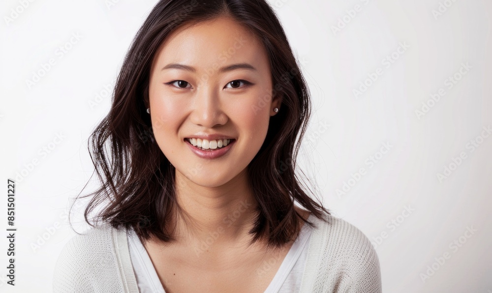 Portrait of a young Asian woman smiling against a white background. Ideal for lifestyle, beauty, and diversity-themed projects Portrait of a young Asian woman smiling against a white background. Ideal for lifestyle, beauty, and diversity-themed projects