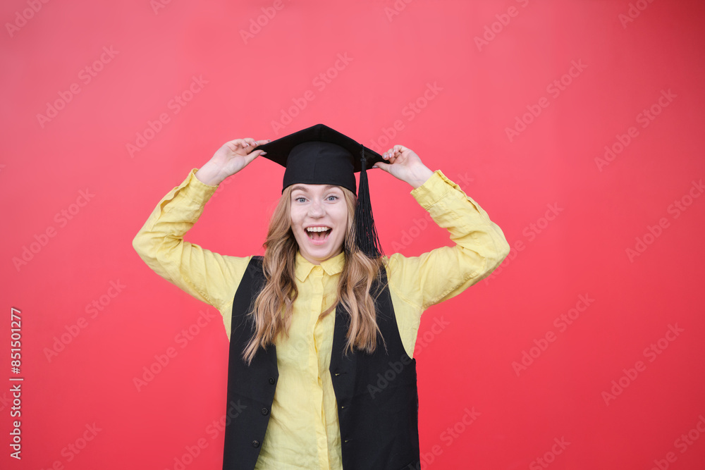 Young beautiful blond female in graduation cap with emotional facial expression on red background. Happy to finish school, college or university High quality photo Young beautiful blond female in graduation cap with emotional facial expression on red background. Happy to finish school, college or university High quality photo