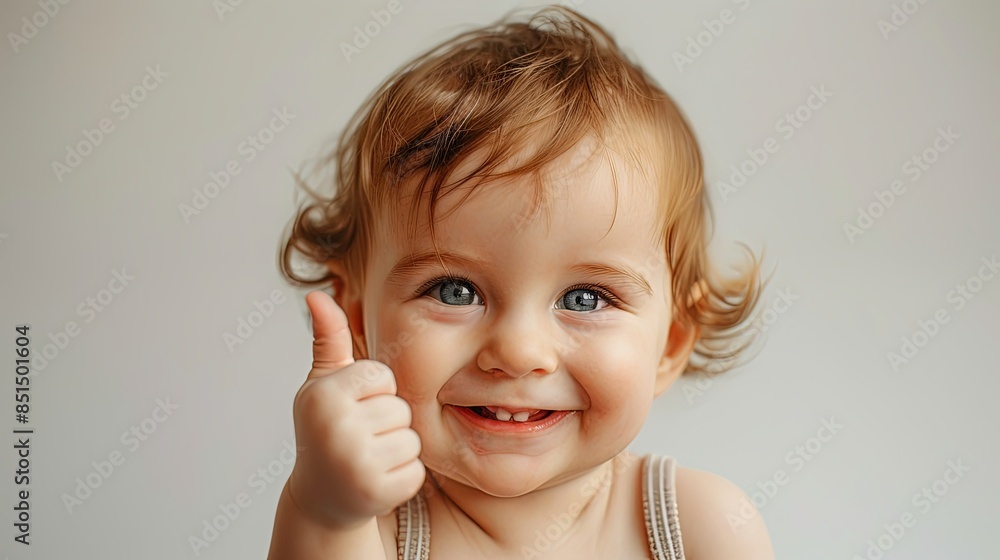 Curly-haired baby shows a thumbs up and smiles warmly in a minimalistic setting Curly-haired baby shows a thumbs up and smiles warmly in a minimalistic setting