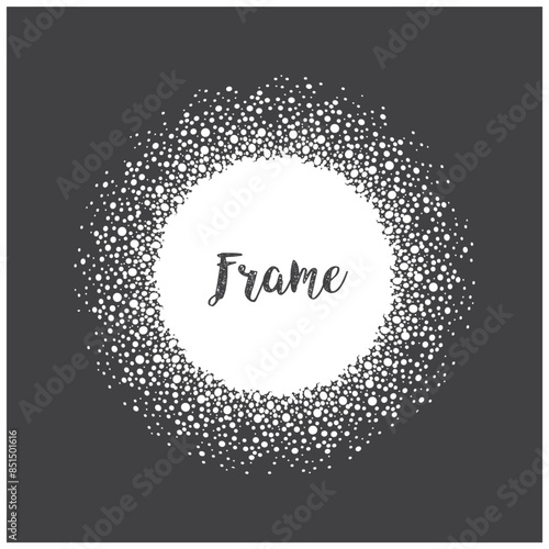 Round snowy frame, New Year and Christmas winter frame decor with spots and blots decor, circle shape snowflakes border, vector