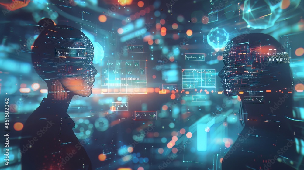 silhouettes of two girls in modern AI holograms and chatbots ...