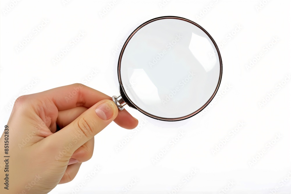 Hand Holding Magnifying Glass on White Background Hand Holding Magnifying Glass on White Background